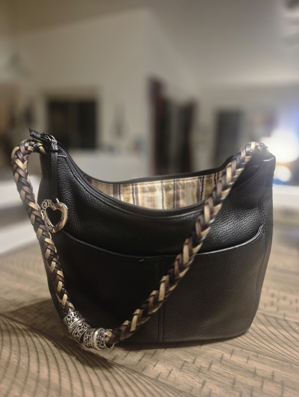 Brighton Black Leather Hobo Shoulder Bag Braided Strap Heart Charm Vintage
